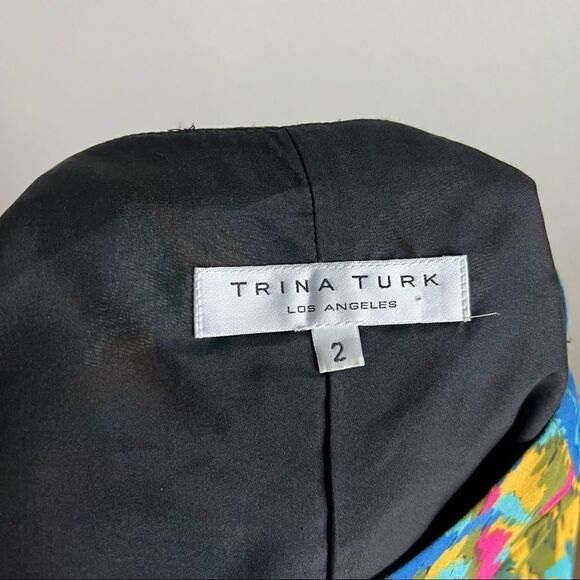 trina Turk Colorful Peacock Print 3/4 Sleeves Silk Blend Shift Mini Dress 2 - Picture 4 of 5